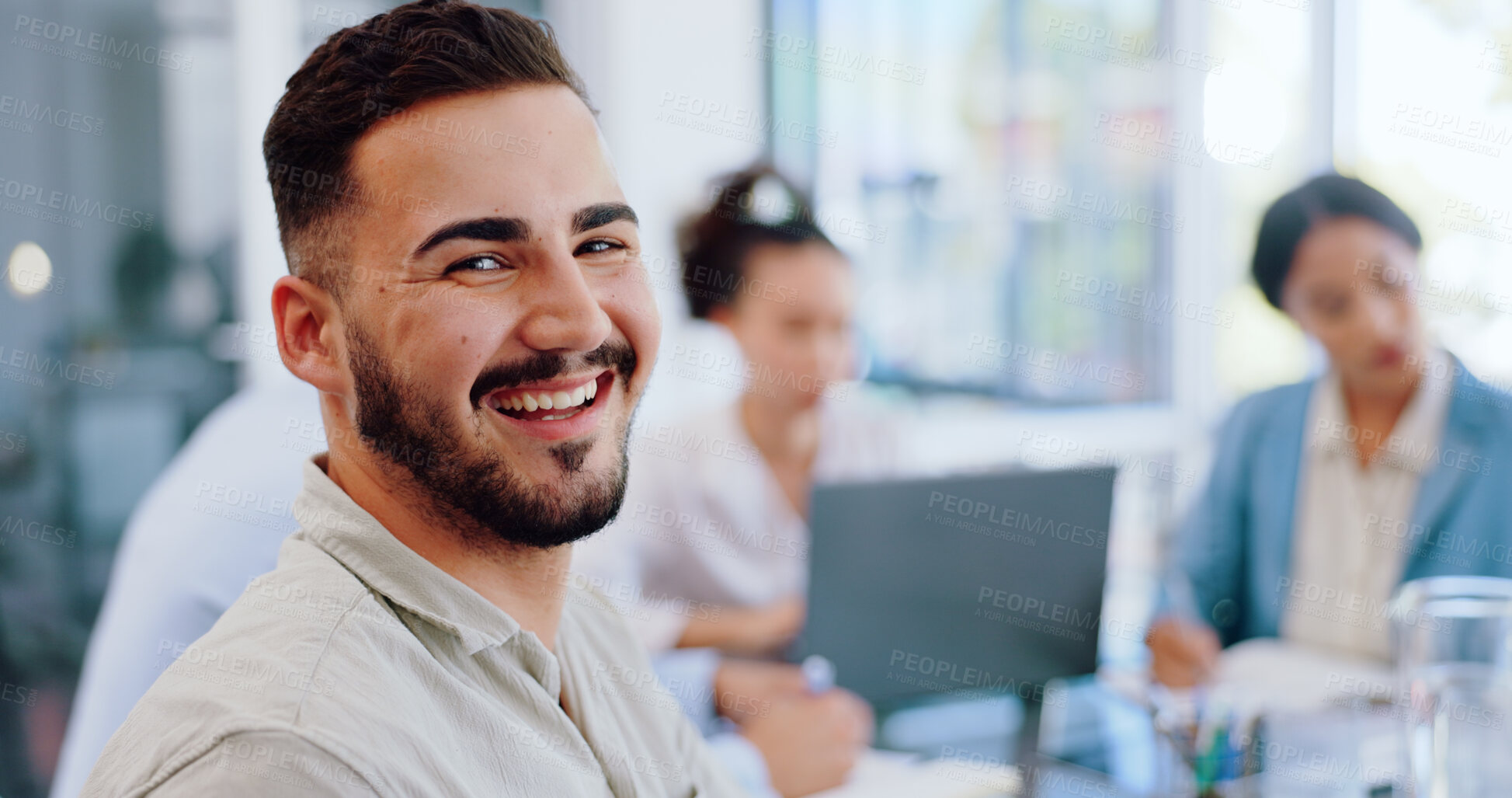 Buy stock photo Internship, portrait and happy man in training, meeting and workshop in boardroom for employee learning in office. Face, smile or person working in company with team, mentor or coaching in business