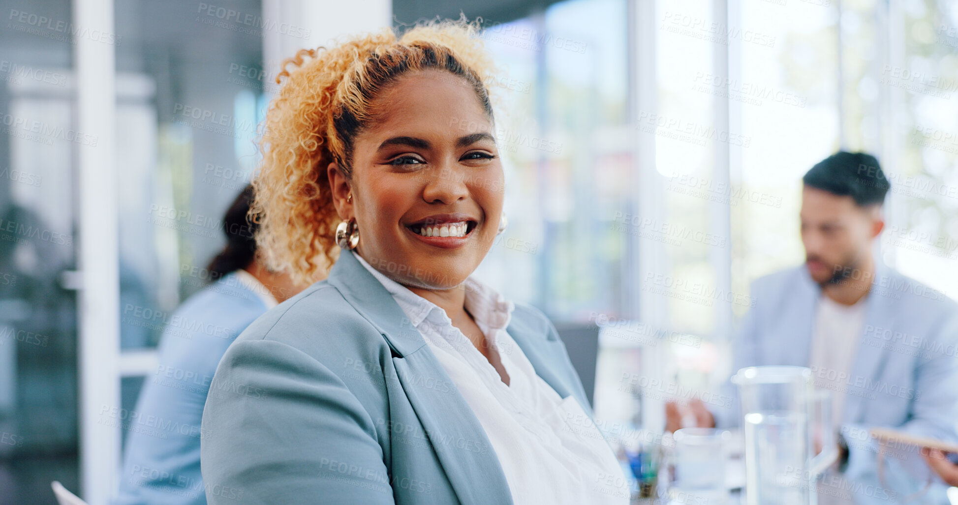 Buy stock photo Business, lawyer and portrait of happy woman in meeting, office and negotiation in boardroom with collaboration. Face, smile or attorney working in London company with legal team in discussion