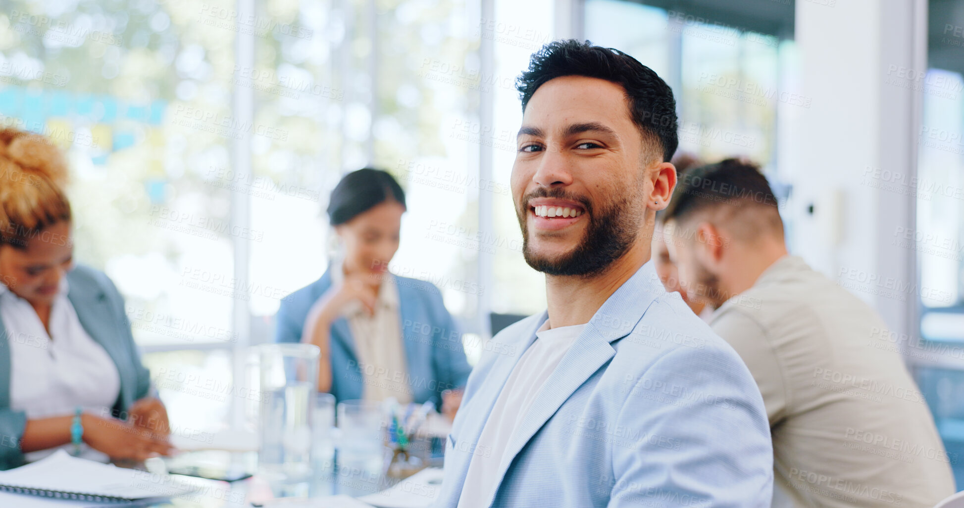 Buy stock photo Meeting, happy and portrait of business man in discussion, collaboration and working together at office. Corporate, teamwork and face of employee at desk for planning, career opportunity and growth