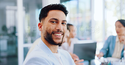 Buy stock photo Business man, face and smile for leadership in team meeting, corporate group and management. Collaboration, innovation and strategy discussion with manager happy in portrait in conference room