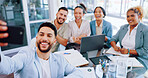 Office, selfie and business people in meeting, collaboration and fun, happy and smile. Colleagues, team and phone for photo by work friends posing during discussion, startup and idea, diverse and joy