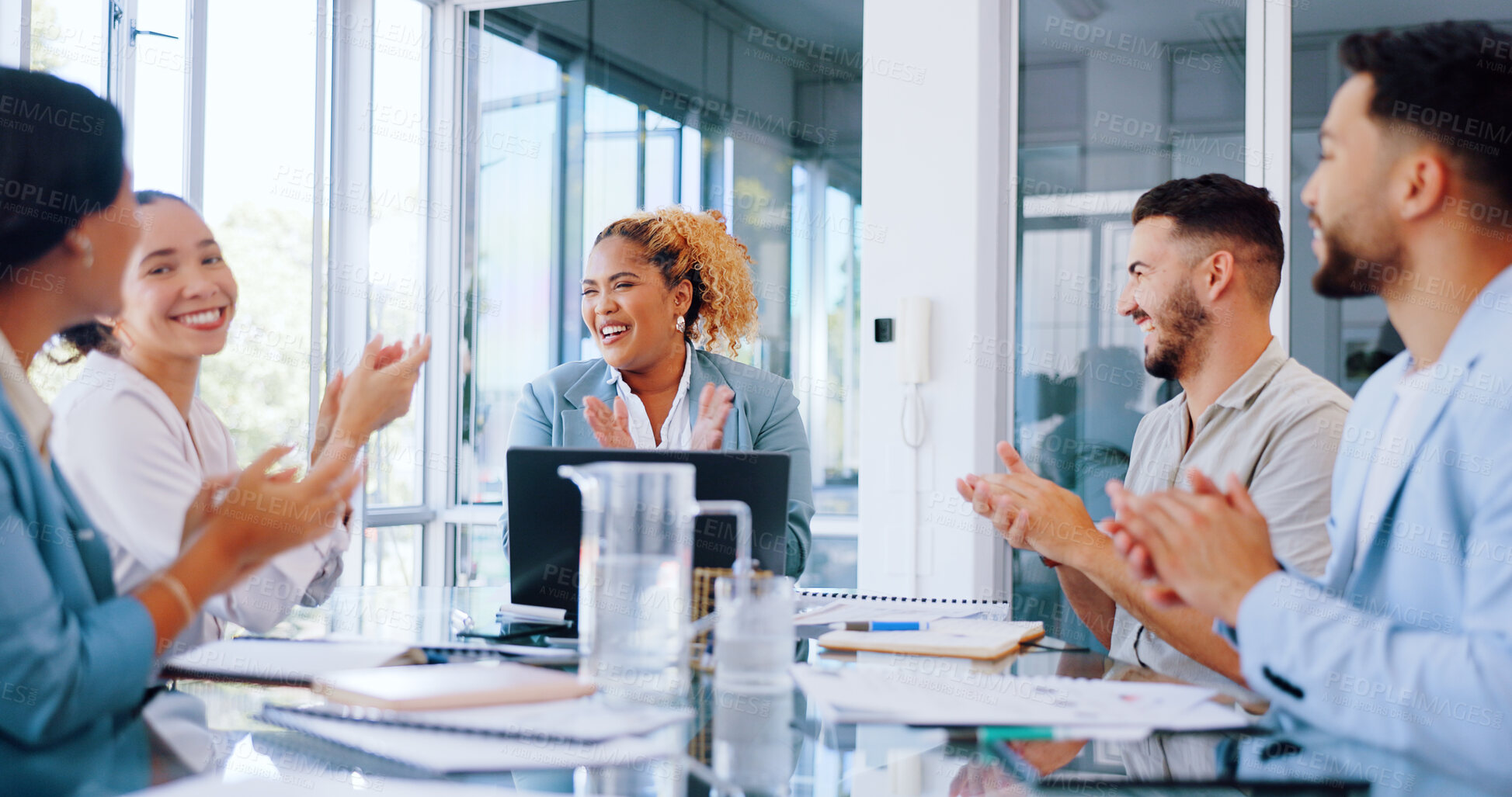 Buy stock photo Business people, applause and meeting in congratulations, thank you or team planning together at office. Group of employees clapping hands in teamwork for success, goals or celebration for promotion