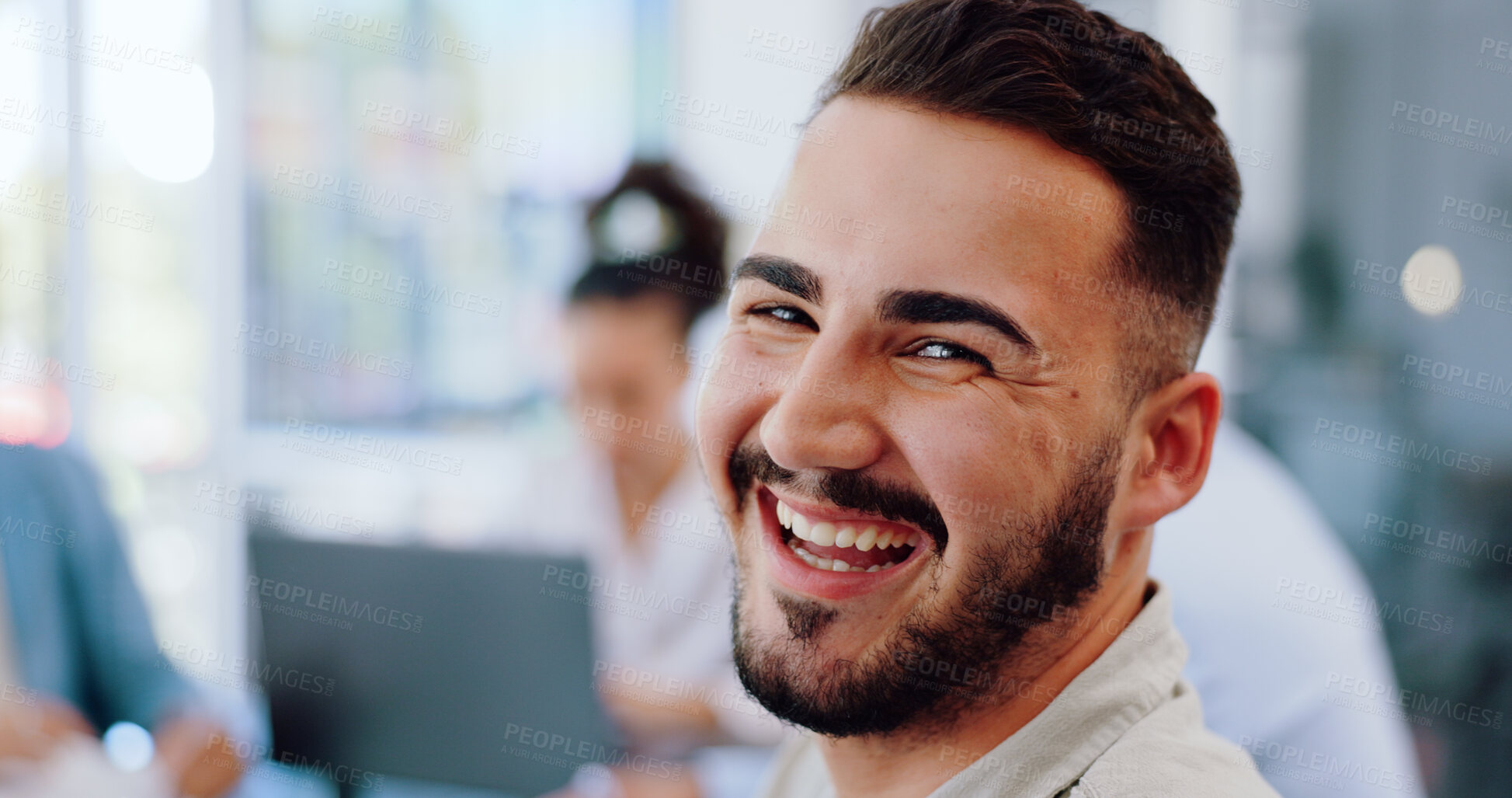 Buy stock photo Business man, face and happy with leadership in team meeting, corporate group and management. Collaboration, innovation and strategy discussion with manager smile in portrait in conference room