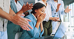 Clapping, laptop and winner woman in office success, congratulations and celebration of company target sales. Achievement, goals and applause worker, employee or person promotion, news or opportunity