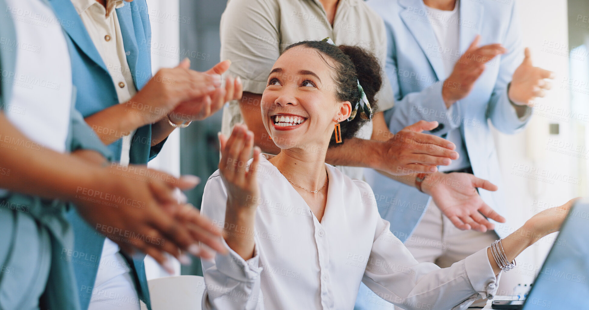 Buy stock photo Business people applause, excited and woman celebrate promotion news, announcement or opportunity. Winner congratulations, group support or team praise for achievement, success goal or corporate deal