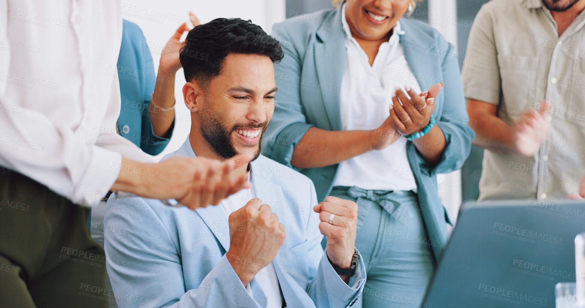 Buy stock photo Applause, laptop and winner man in office success, congratulations and celebration of company target sales. Achievement, goals and clapping worker, employee or person promotion, news or opportunity