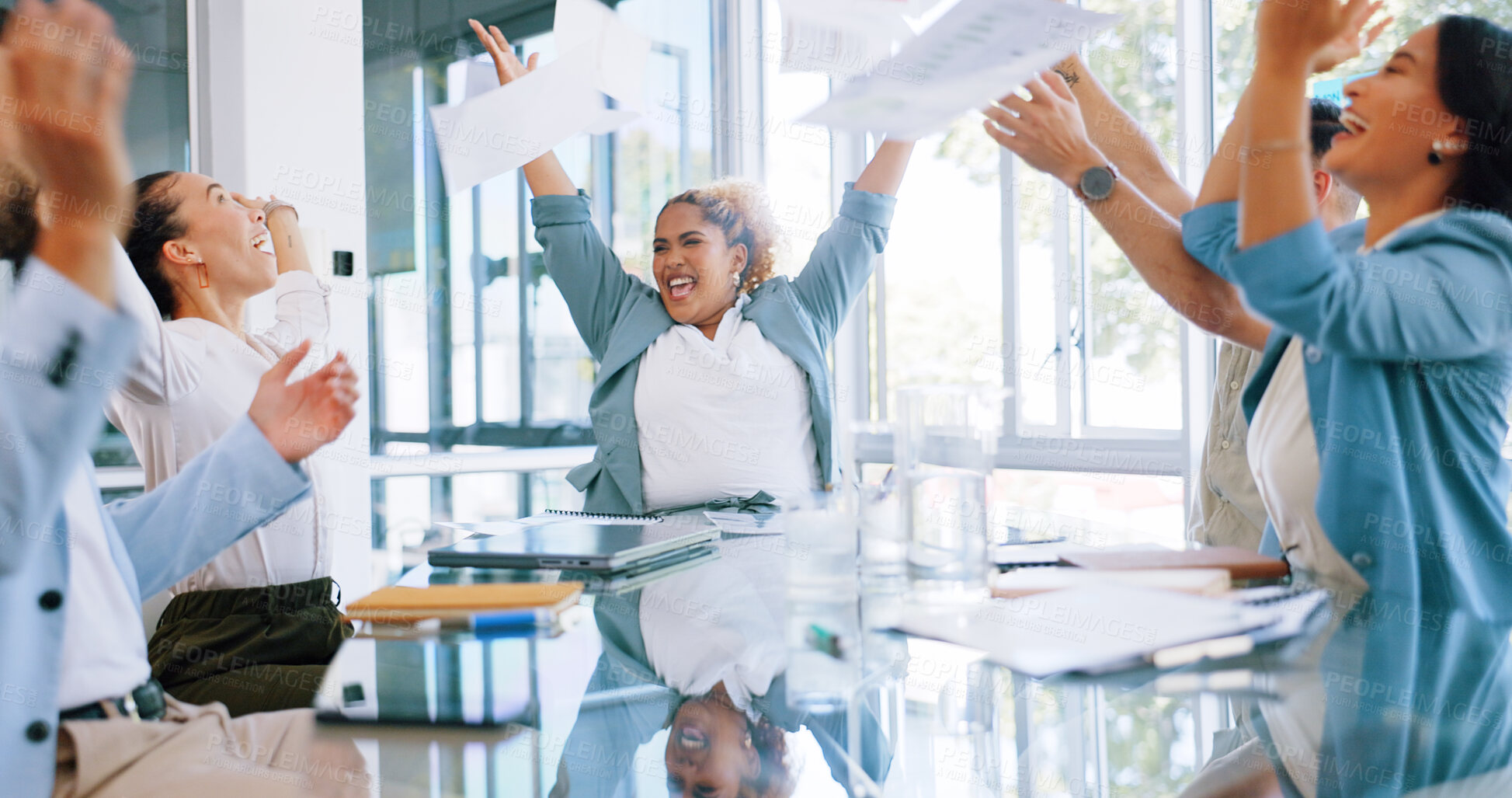 Buy stock photo Business people, documents and celebration for teamwork, success or goals together at office. Group of happy employees smile throwing paperwork in air for done, finished or team meeting at workplace