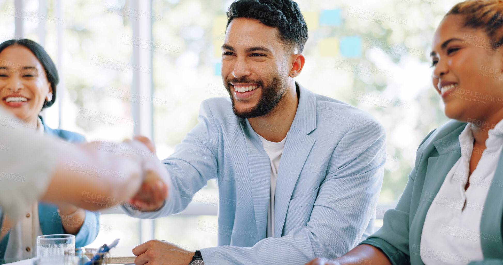 Buy stock photo Businessman, handshake and meeting in hiring, partnership or b2b deal together for teamwork at office. Happy business people shaking hands for introduction, recruiting or team agreement at workplace