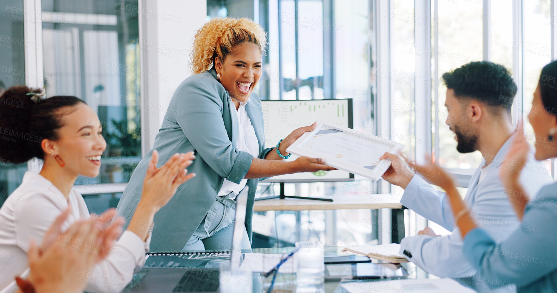 Buy stock photo Business people, applause and meeting in congratulations for certificate, thank you or achievement at office. Group of employees clapping hands together for winning, promotion or award at workplace