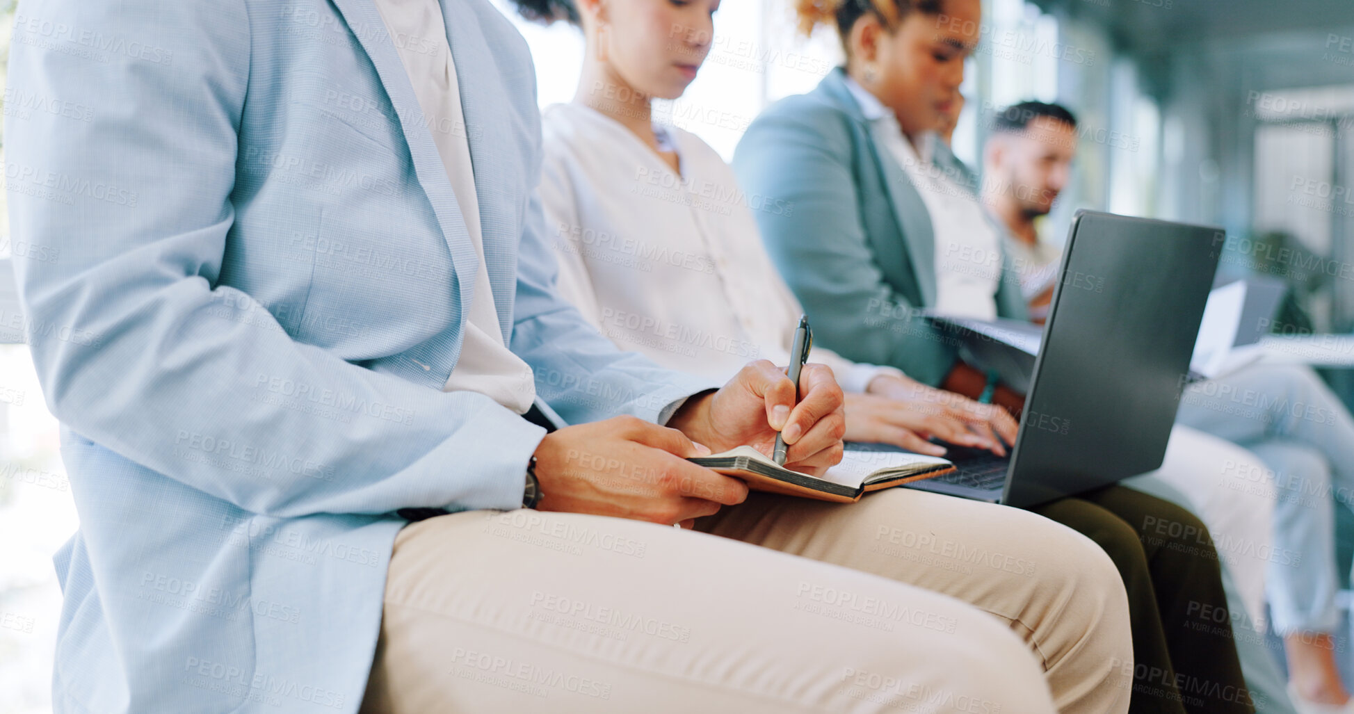 Buy stock photo Business people, writing and meeting in hiring, waiting room or workshop for onboarding at office conference. Hands of employee taking notes in presentation, recruiting or staff training at workplace