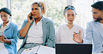 Recruitment, job interview and hiring waiting room with business people preparing for hr meeting. Queue, we are hiring or group sitting together at startup company for employment, job or opportunity