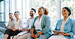 Interview, question and training with a business black woman raising her hand to answer during a meeting. Recruitment, human resources and hiring with a candidate group sitting in a row at an office