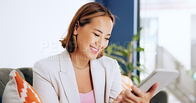 Asian business woman, thinking or tablet on sofa in digital marketing company, advertising startup or branding office couch. Smile, happy or creative designer on technology in strategy planning ideas