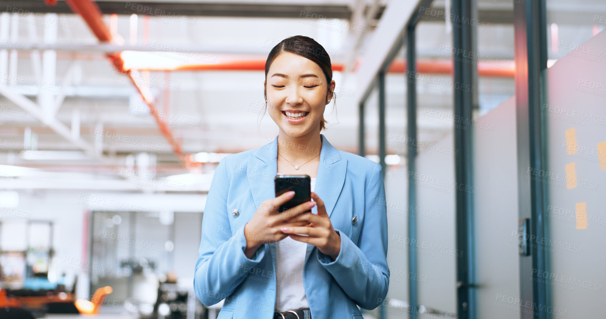 Buy stock photo Corporate, smile and Asian woman with a smartphone, typing and connection with worker, social media and internet. Japanese person, professional and consultant with a cellphone, website info and app