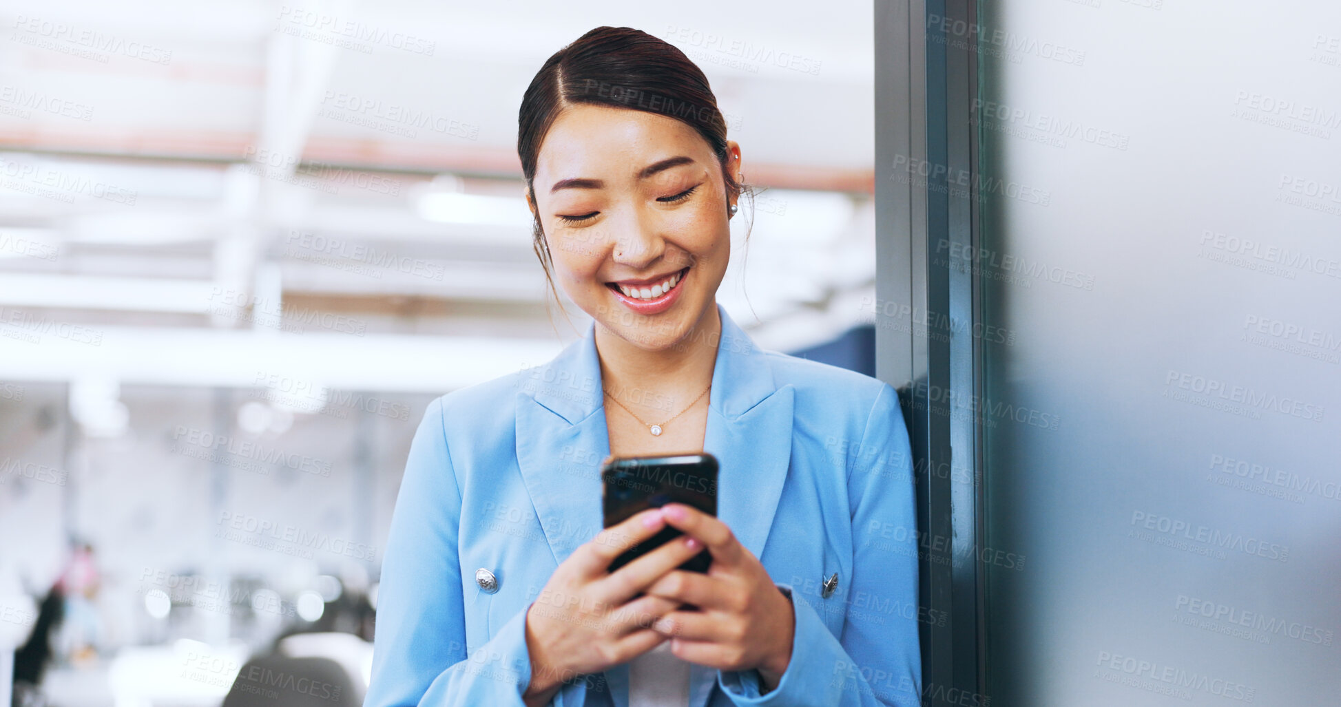 Buy stock photo Business, happy and Asian woman with a cellphone, connection and social media with employee, app and search internet. Japanese person, worker and consultant with a smartphone, website info and email