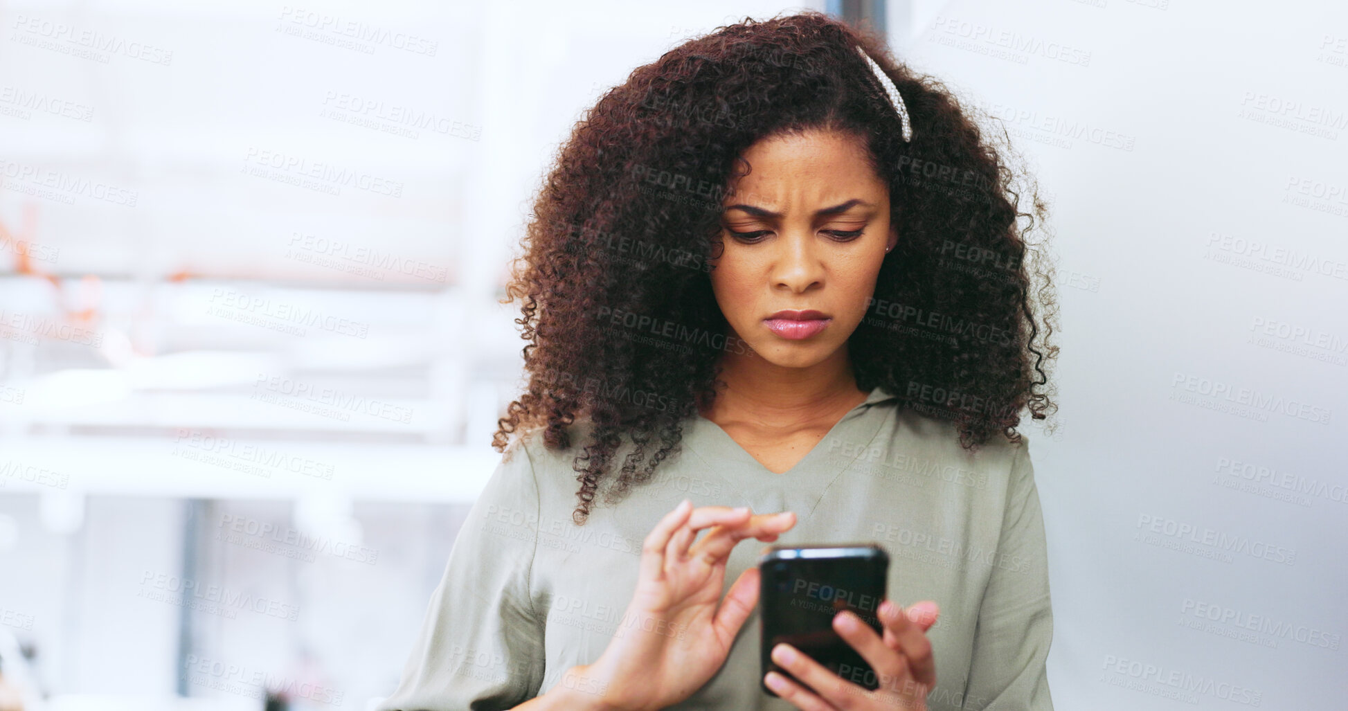 Buy stock photo Frustrated, black woman and phone glitch on app or reading 404, error and spam notification in office. Fake news, online and person scroll on social media and confused with article, post or phishing