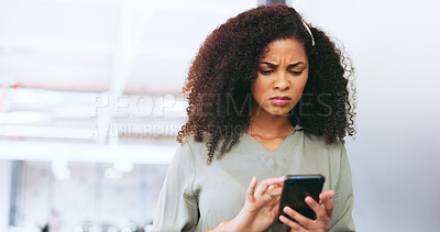 Sad, reading communication and black woman on mobile app, email and website with phone in an office. Frustrated, confused and business woman with a glitch on a mobile, internet stress and scam