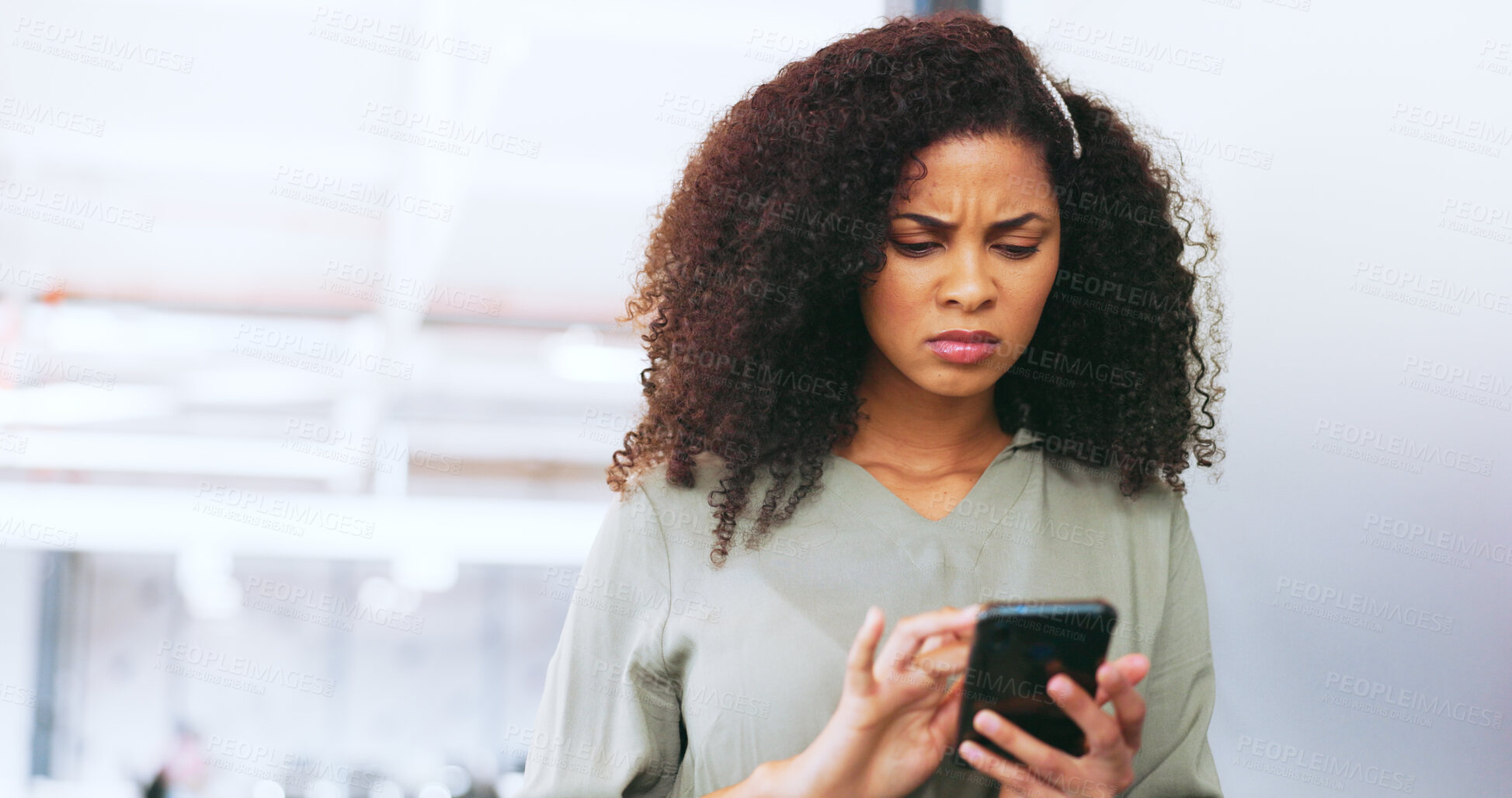 Buy stock photo Confused, black woman and phone glitch on app or reading 404, error and spam notification in office. Fake news, online and person scroll on social media and frustrated with article, post or phishing