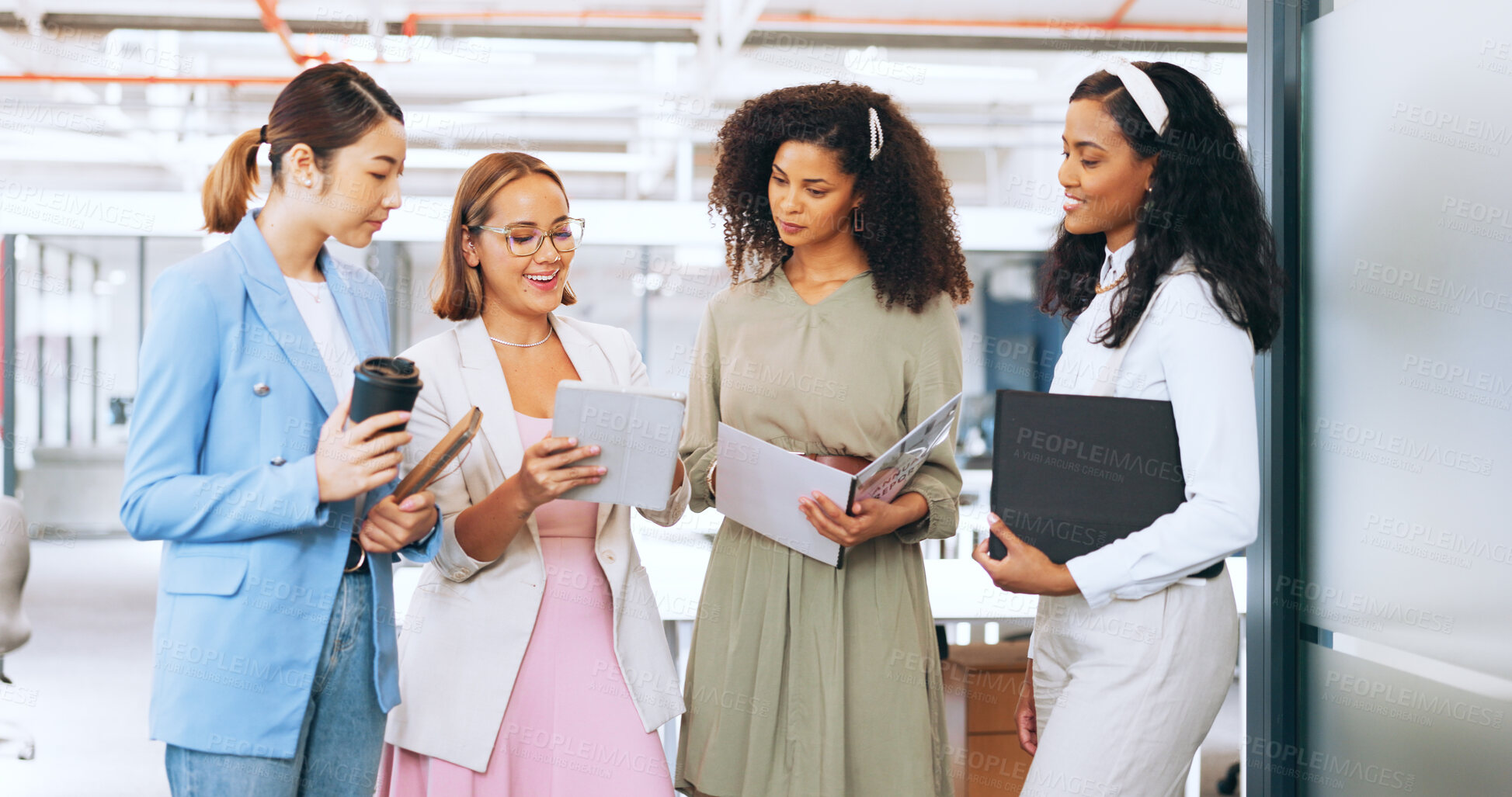 Buy stock photo Diverse team, tablet and discussion in office, strategy and documents for agenda, analysis and design. Business women, working and digital on tech, support and meeting and teamwork in collaboration