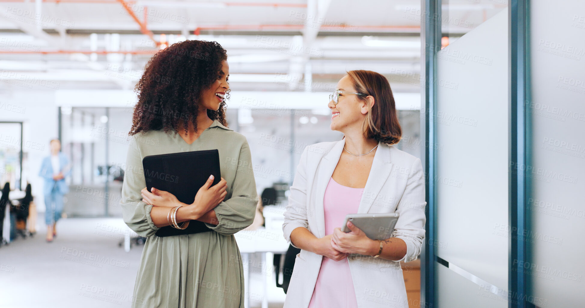 Buy stock photo Business people, women and conversation with brainstorming, collaboration and cooperation with conversation. Happy staff, manager or employee with advice, teamwork and partnership with ideas and help