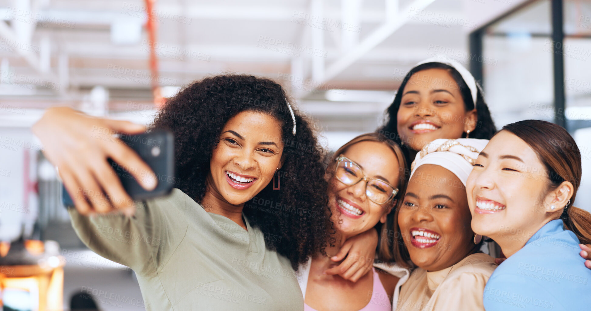 Buy stock photo Business women, smile or selfie in office for a fun memory, profile picture or social media post. Happy, teamwork or photograph of friends or coworkers taking pictures on break to relax in workplace