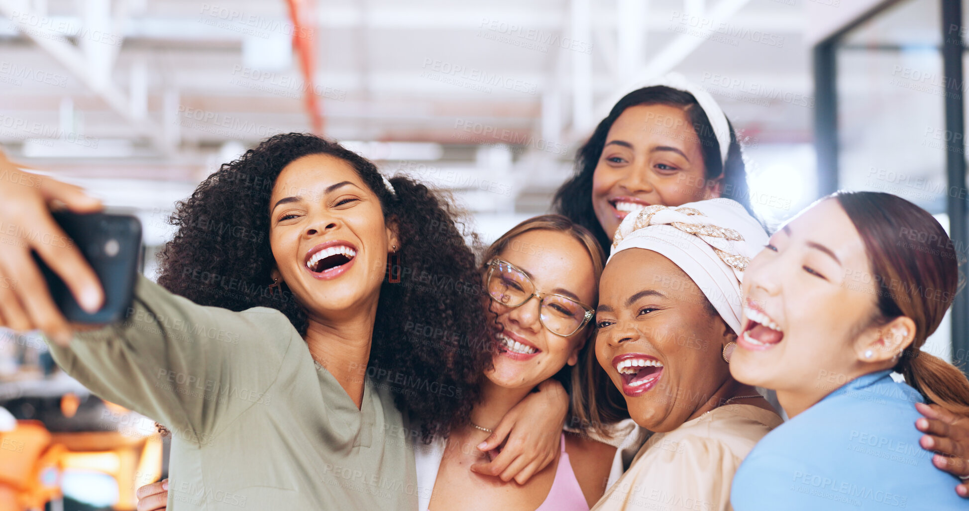 Buy stock photo Selfie, diversity and team in office, laugh and cheerful for social media challenge, celebration and team building. Image, hug and network photo for company staff, bonding or employee engagement