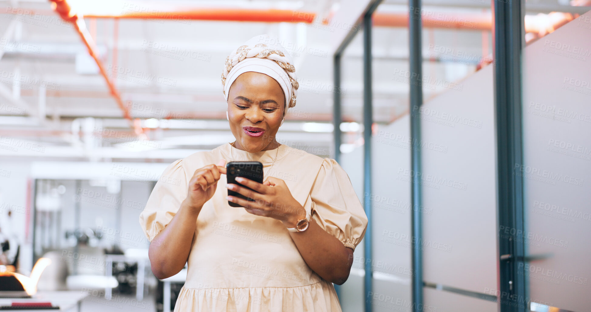 Buy stock photo Business, wow and black woman with phone in office for news, surprise or sale profit notification. Smartphone, app or happy African lady manager excited by review, text or social media survey review 