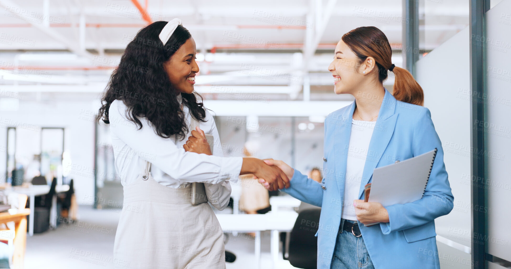 Buy stock photo Business women shaking hands for welcome, introduction or hello to intern in new job walking in office. Happy, handshake or excited workers with support, teamwork or onboarding partnership together