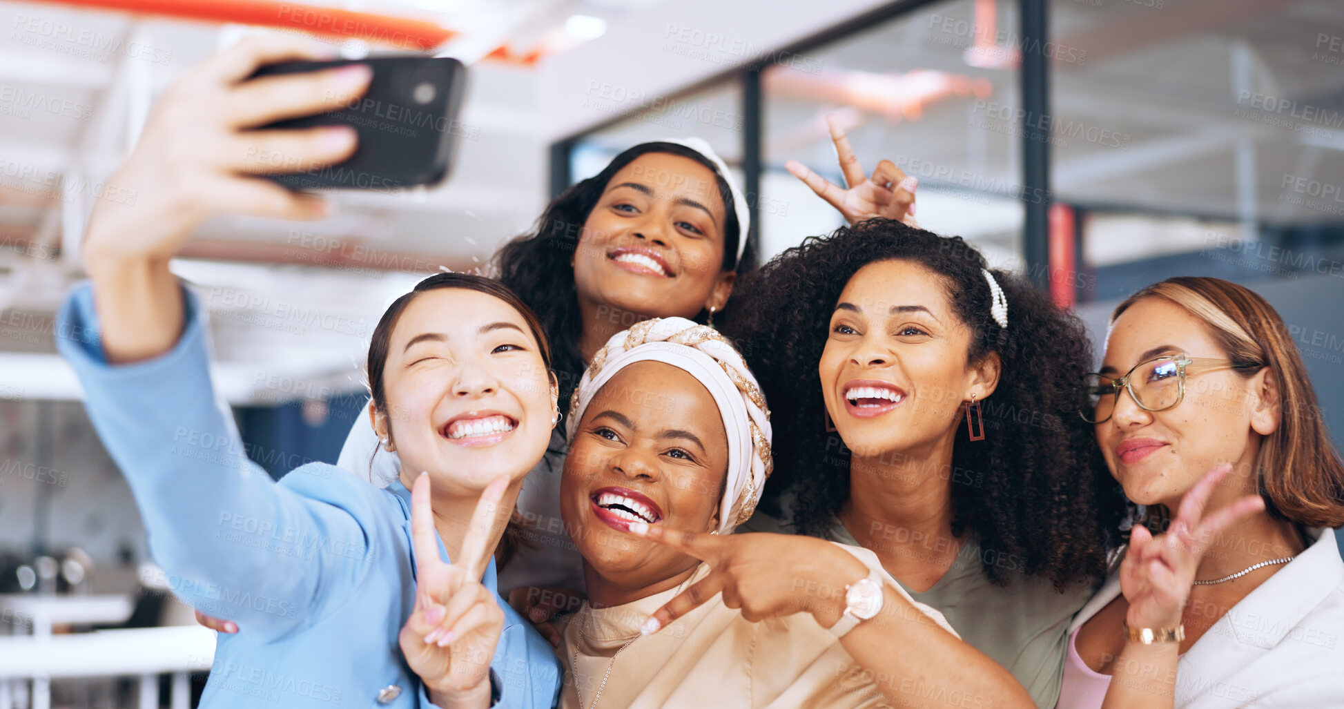 Buy stock photo Business women, peace sign or selfie in office for a fun memory, profile picture or social media post. Smile, team or photograph of friends or coworkers taking pictures on break to relax in workplace