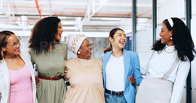 Diversity, women and work friends hug, smile and team building for startup company, laugh and talking. Multiracial, business and female coworkers embrace, marketing campaign and advertising strategy.