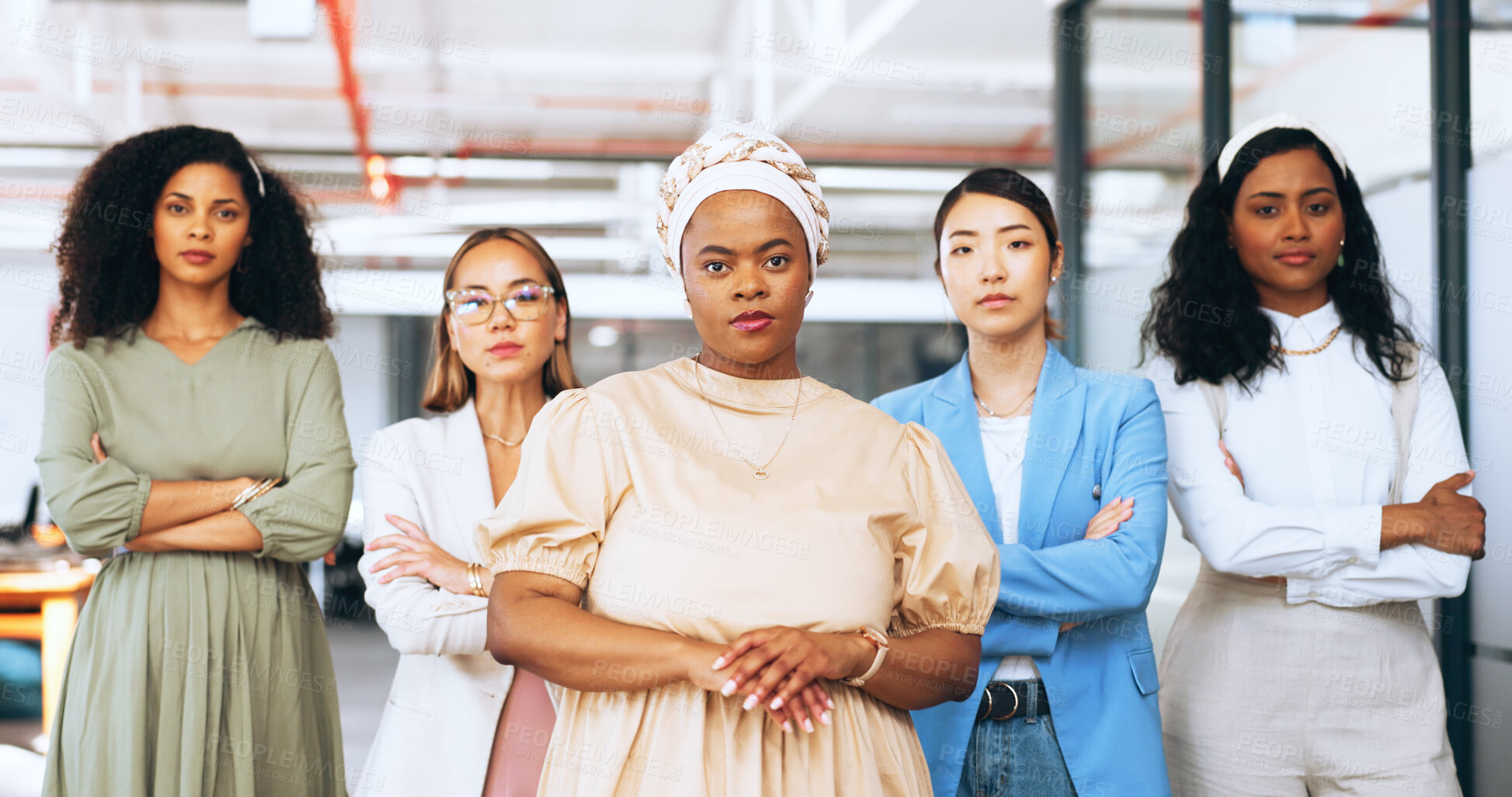 Buy stock photo Diversity portrait, arms crossed and business women confident, serious and design team trust, solidarity and empowerment. Inclusion, management group and unity staff pride, collaboration and teamwork