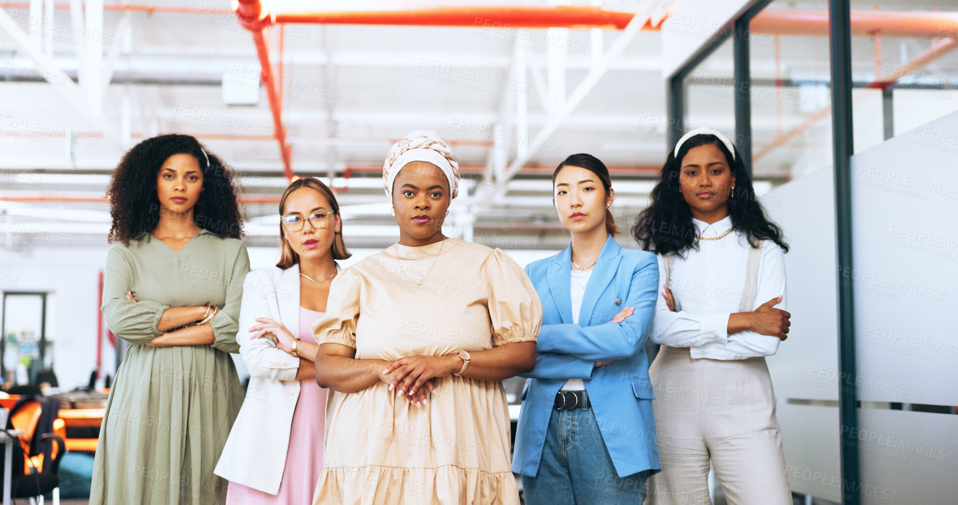 Buy stock photo Group portrait, arms crossed and business women confident, serious and design team pride, solidarity and empowerment. Diversity job, career experience and workforce unity, collaboration and teamwork