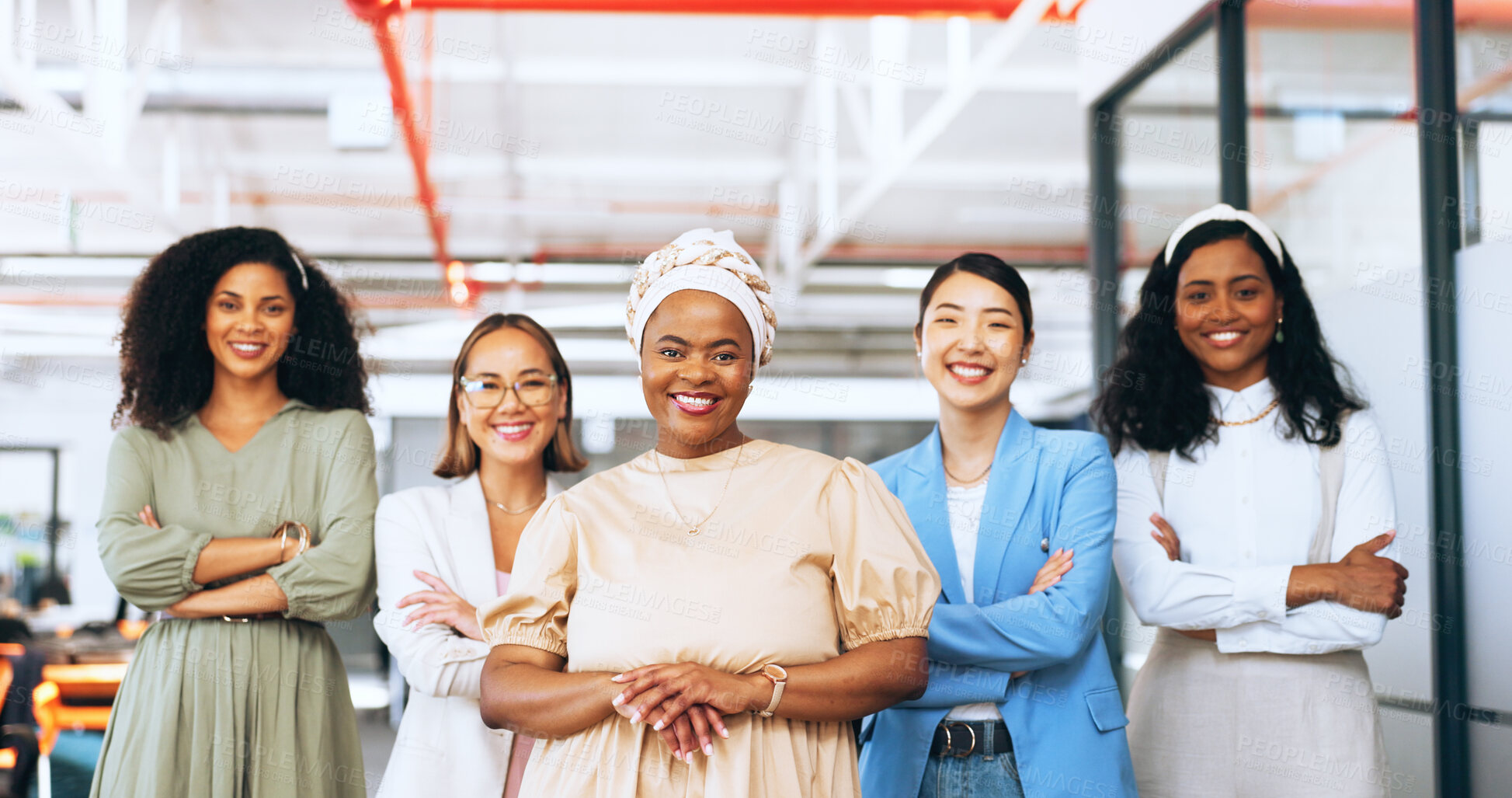 Buy stock photo Diversity portrait, arms crossed and professional happy women confident in creative team trust, solidarity and empowerment. Happiness, leadership group and unity staff pride, cooperation and teamwork