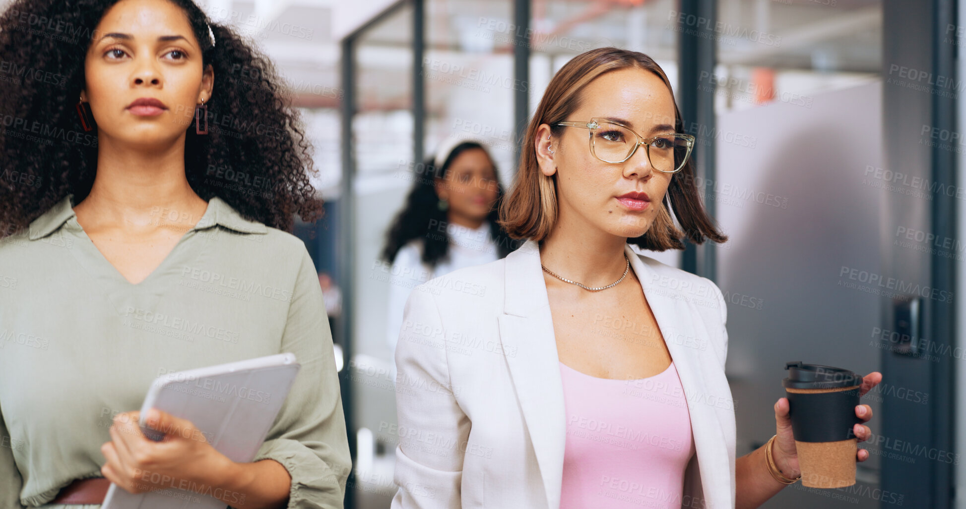 Buy stock photo Tablet, coffee and confident business women walking in an office together for collaboration. Technology, teamwork and ready with a serious employee team in the workplace for vision or ambition