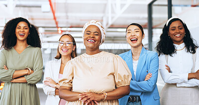Laughing business women, team diversity or manager in modern office with marketing ideas, advertising innovation or branding vision. Portrait, smile or happy creative designers in about us leadership