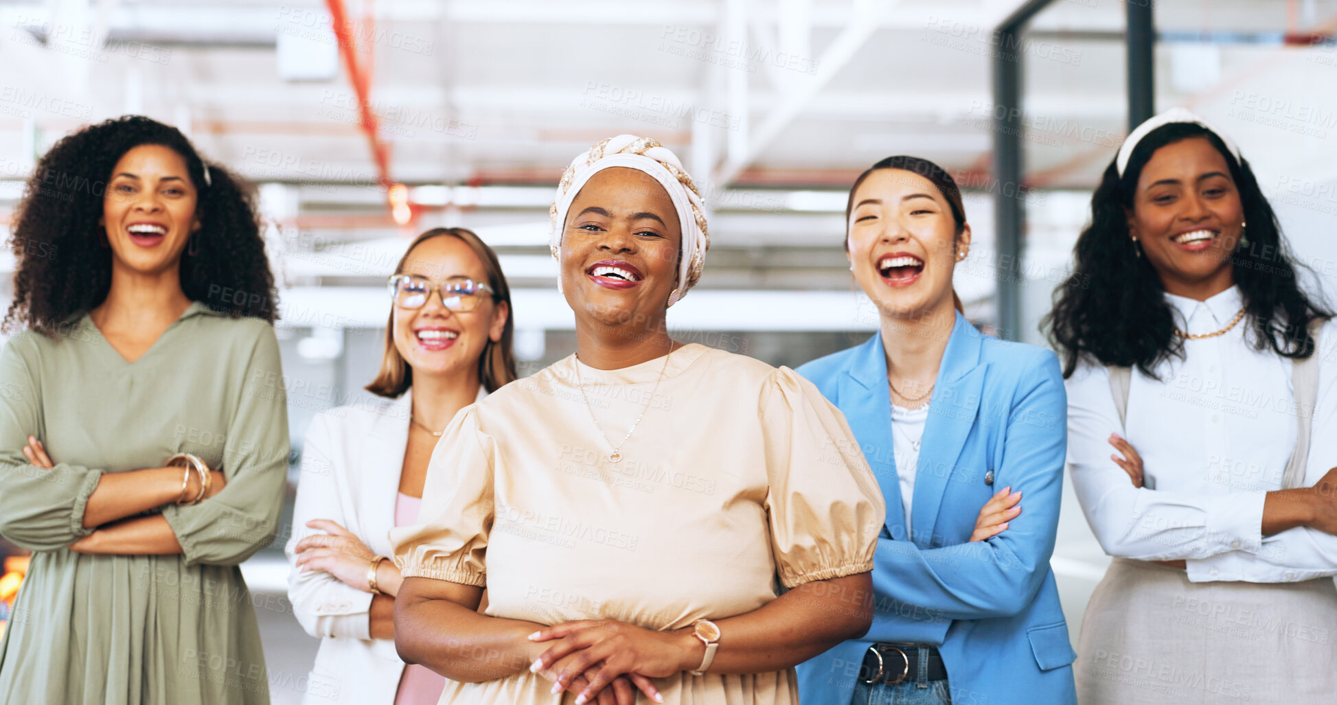 Buy stock photo Business portrait, women arms crossed and group laugh with creative team trust, solidarity and empowerment. Workplace comedy, funny leadership group or diversity staff pride, cooperation and teamwork