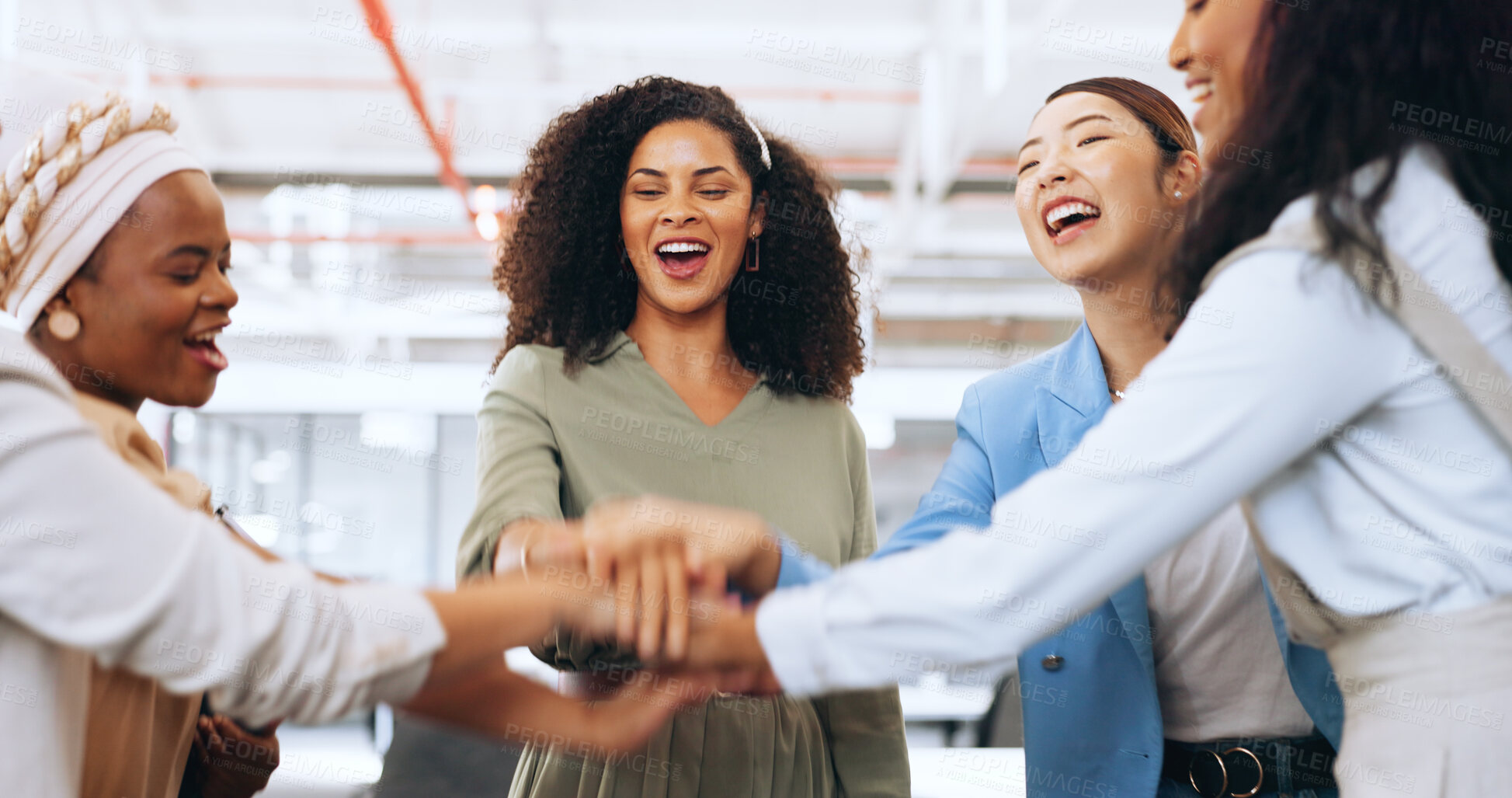 Buy stock photo Hands stack, team building or happy business people with goal, mission or celebration for startup. Partnership, smile or excited women in meeting huddle for winning, motivation or solidarity together