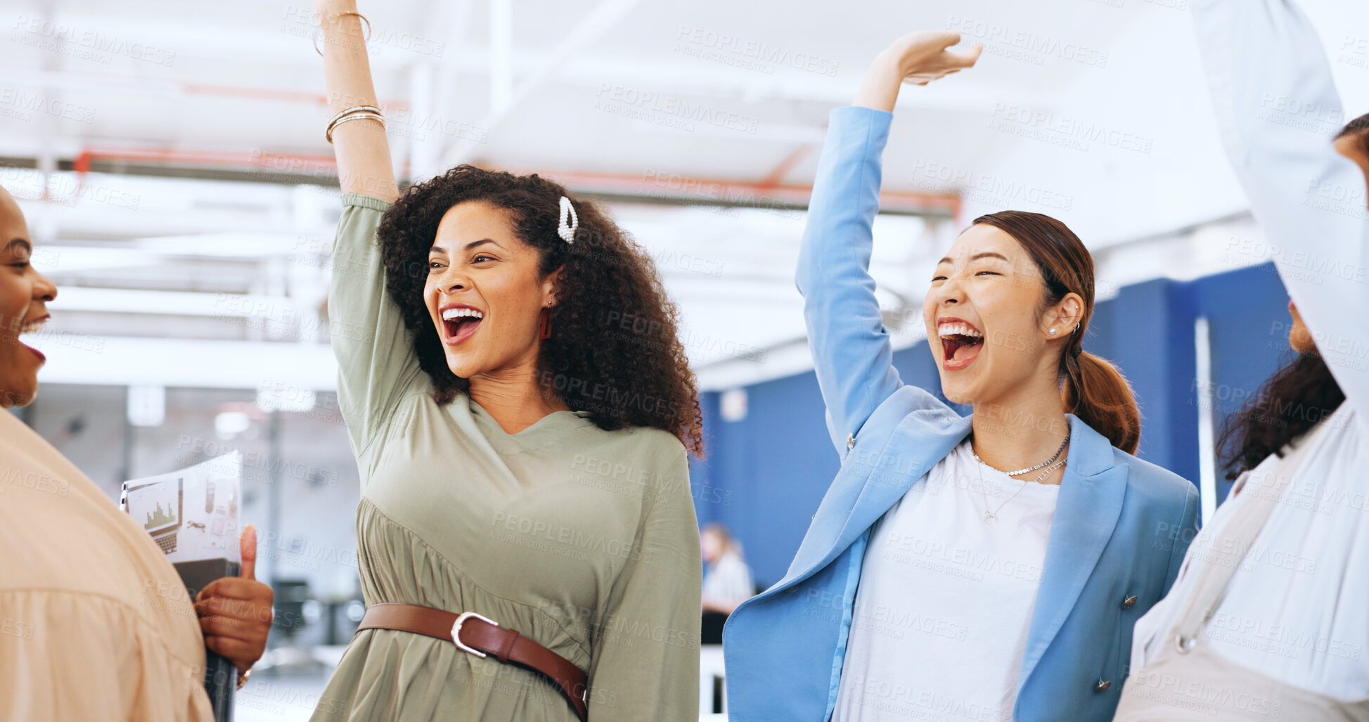 Buy stock photo Hands up, team building or happy business people with goal, mission or celebration for success. Partnership, air or excited women in meeting huddle for winning, motivation or solidarity together