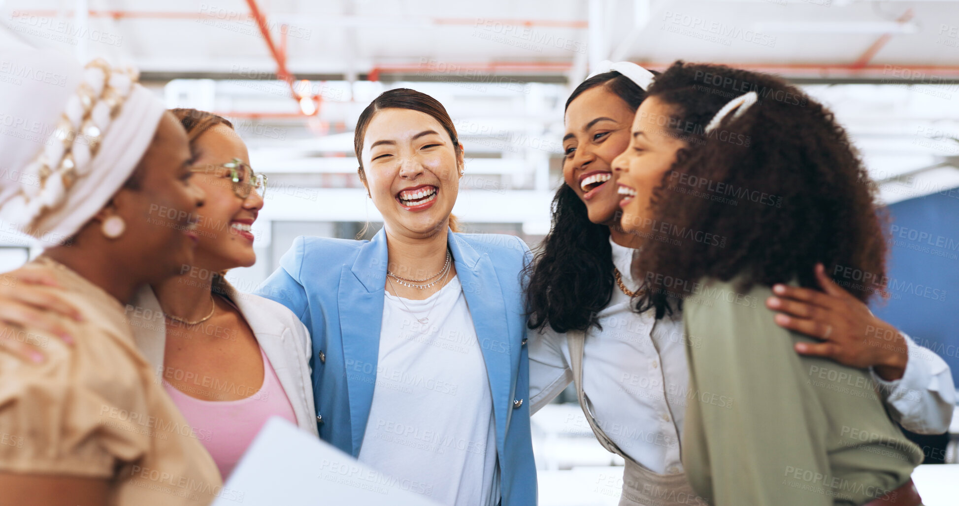 Buy stock photo Hug, team building or happy business women in celebration of goal, group mission or funding for startup. Partnership, smile or excited people in huddle for winning, motivation or solidarity together