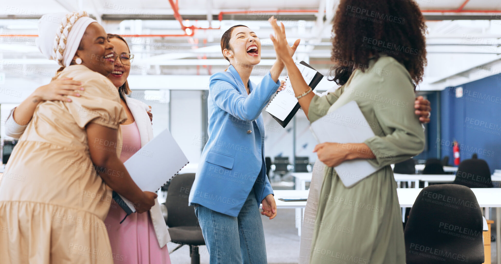 Buy stock photo High five, teamwork or happy business women in celebration of goals, group mission or funding success. Partnership, smile or excited people in office for winning, motivation or solidarity together