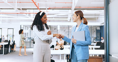 Business women, hand shake and high five for success celebration in office. Sequence, group teamwork or partnership of female friends or employees walking, talking and shaking hands for collaboration