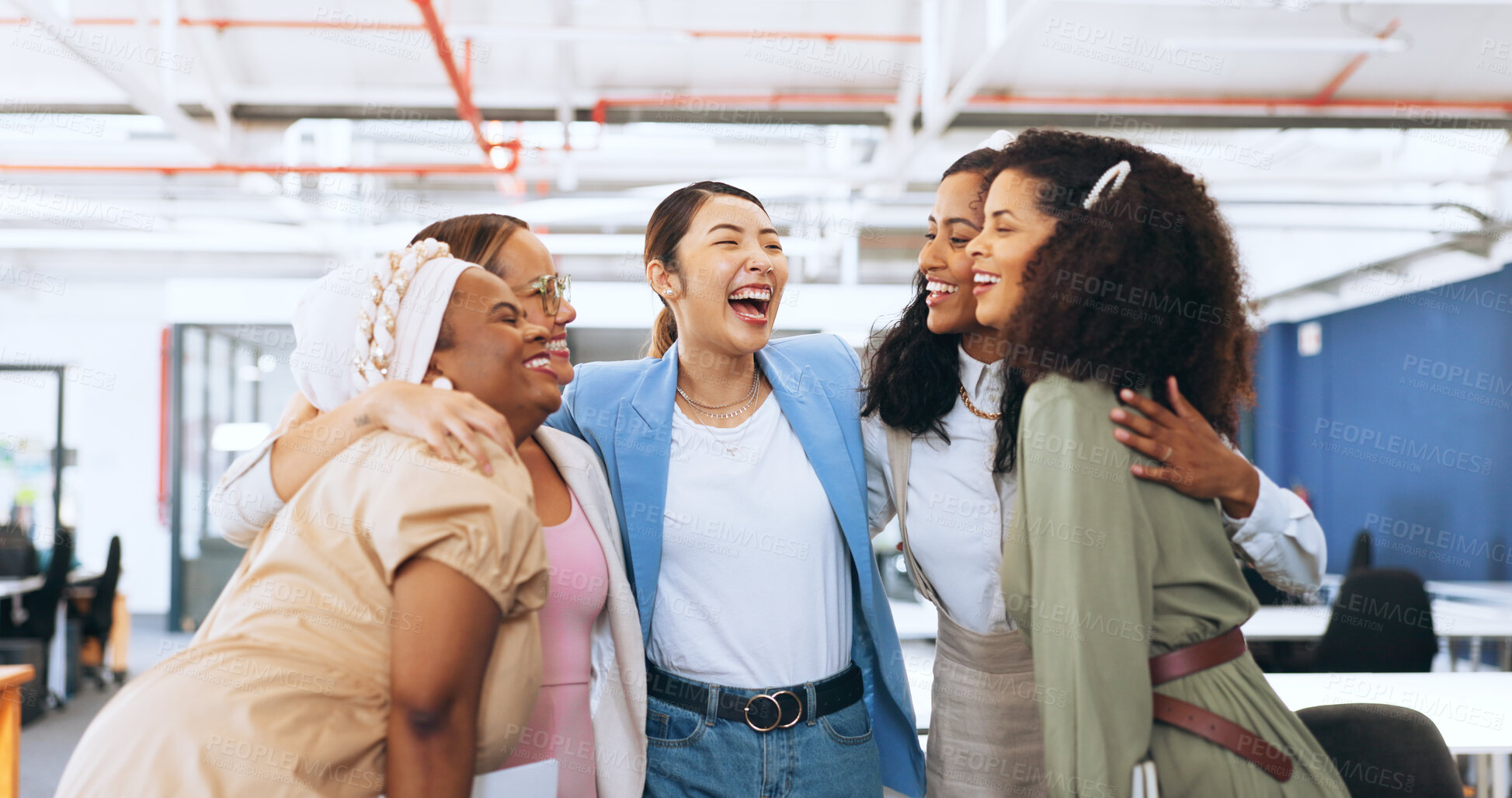 Buy stock photo Hug, team building or happy business people in celebration of goals, group success or funding for startup. Partnership, smile or excited women in huddle for winning, motivation or solidarity together