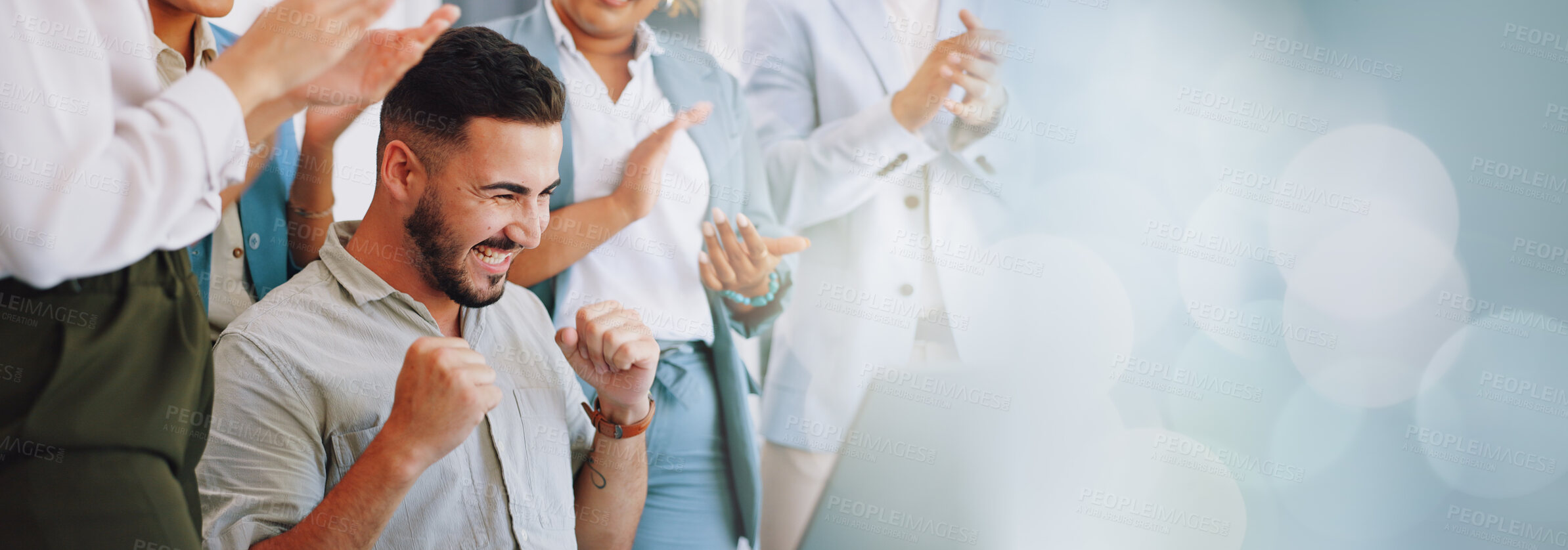 Buy stock photo Business people, group and laptop with celebration, space and bokeh for mockup, goal or applause. Team, winner man and fist in air for success on stock market, trading or profit at investment agency