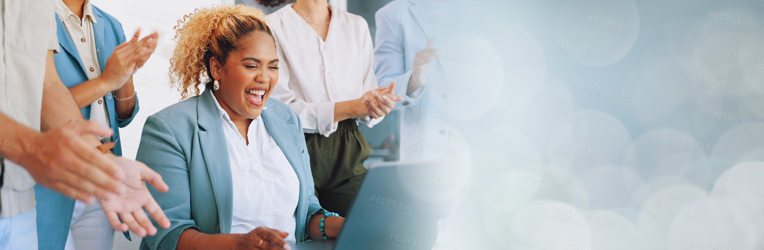 Buy stock photo Business people, team and laptop with celebration, space and bokeh for mockup, goal or applause. Banner, winner woman and together for success on stock market, trading or profit at investment agency