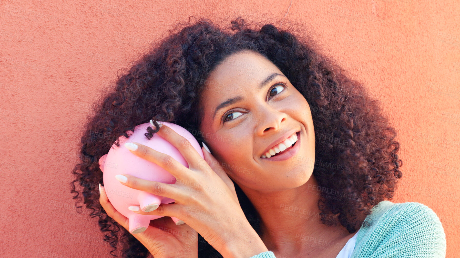 Buy stock photo Piggy bank, savings and face of woman with money, investment or profit check on orange background. Cash, budget and curious lady with money, box or container for future, planning or financial freedom