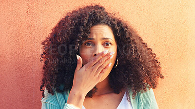 Black woman, surprise face and smartphone with shocked reaction to online news, meme or social media. Technology, communication and announcement with wow expression isolated on color background