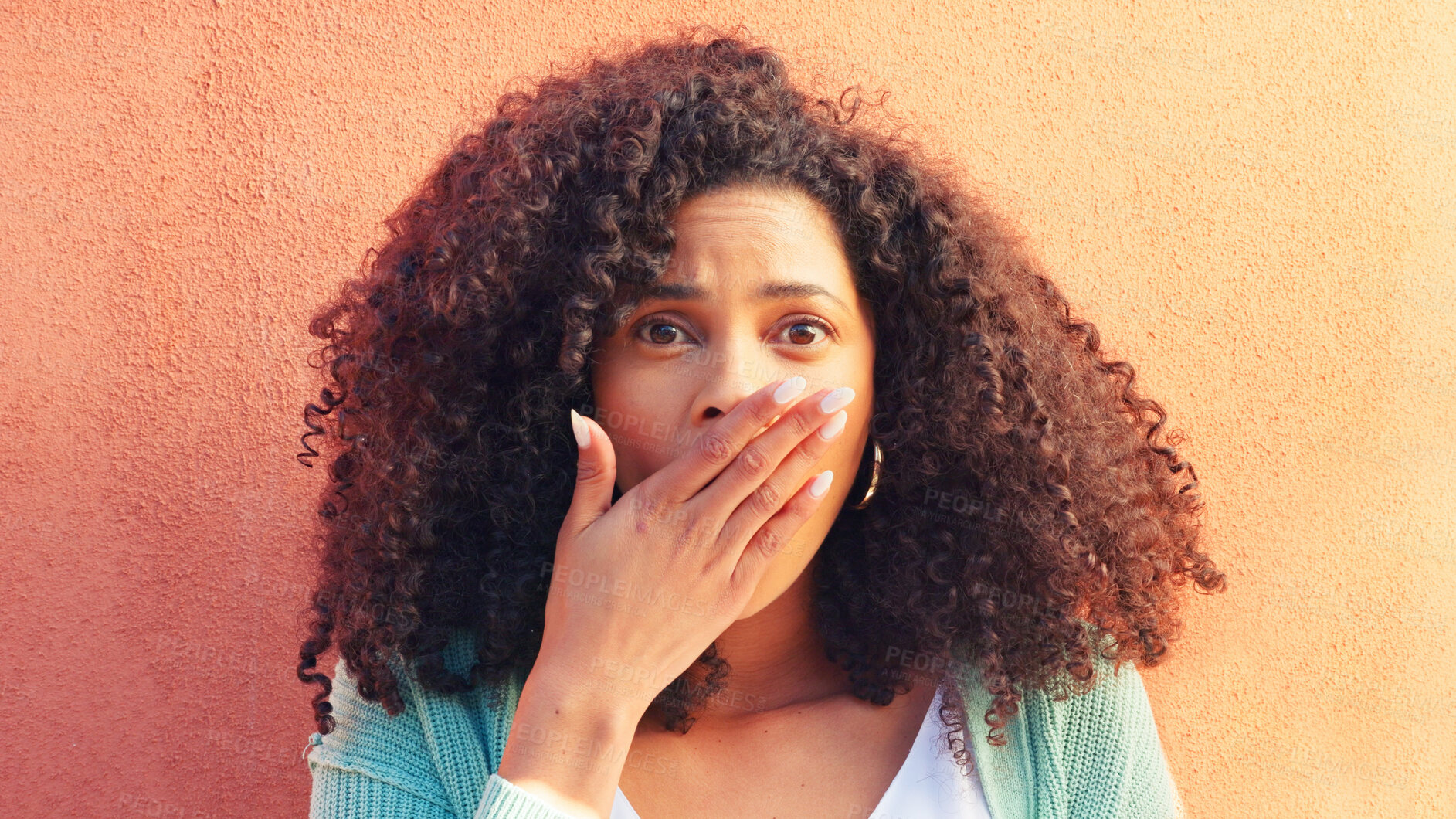 Buy stock photo Wow, surprise and portrait of woman with news, gossip or drama announcement on orange background. Omg, emoji and hands on face of female model shocked by secret, drama or hearing mind blowing rumor