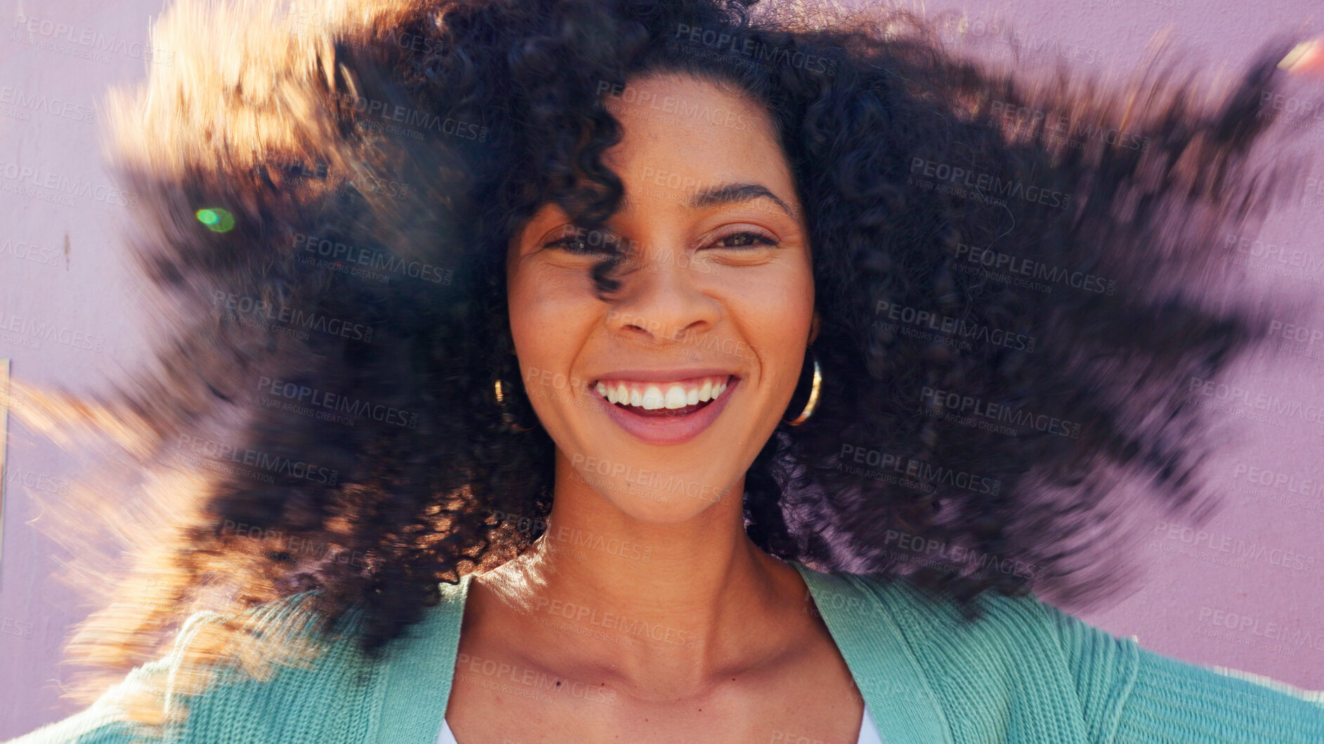 Buy stock photo Black woman, wild natural hair and happy portrait with smile on pink background  by wall with freedom. Fashion, style and trendy outfit of female person with afro hairstyle outdoor haircare and wind