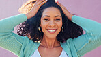 Afro woman with natural hair and happy with growth on pink wall background in summer sunshine. Freedom, carefree and empowerment girl with retro curly hairstyle for outdoor hair care or beauty mockup