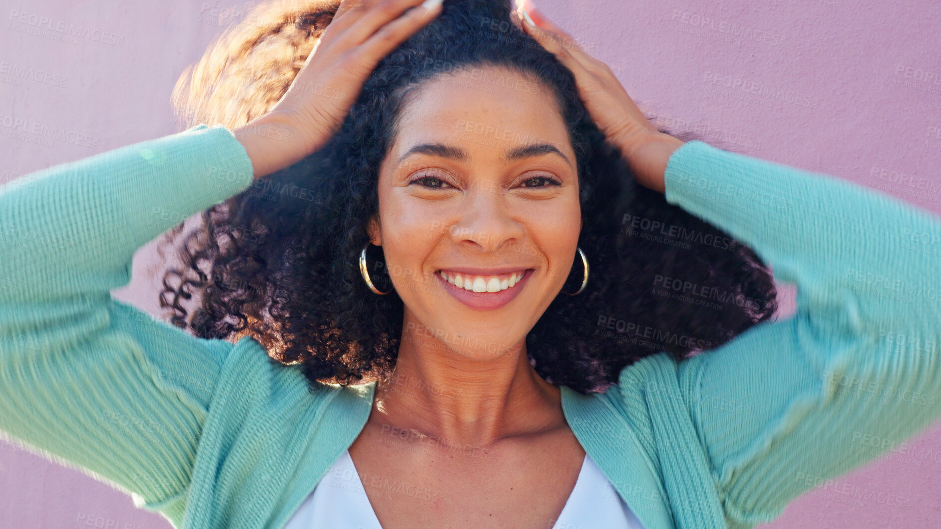 Buy stock photo Black woman, natural hair and happy portrait with smile on pink background  by wall with freedom. Fashion, style and trendy outfit of female person with afro hairstyle outdoor haircare and wind